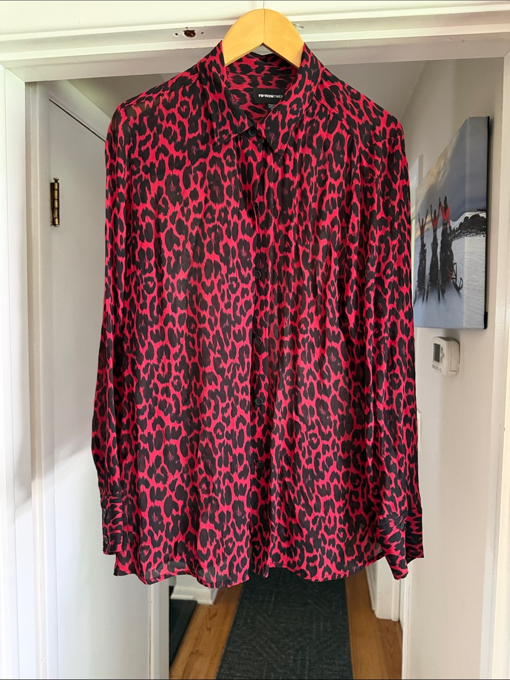 Fifteen Twenty Pink and Black Leopard Silk Button-Down Shirt